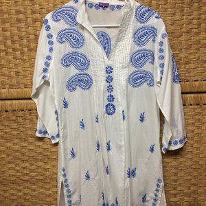 SEVYA  White 100% Cotton Blue Hand Embroidered 3/4 Sleeve Tunic Pullover